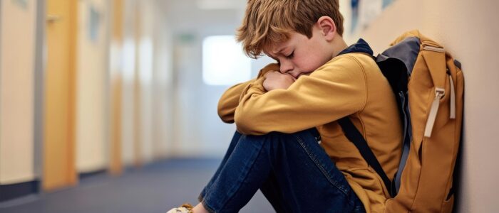 Depressed boy sitting in hall - Mental Health Awareness